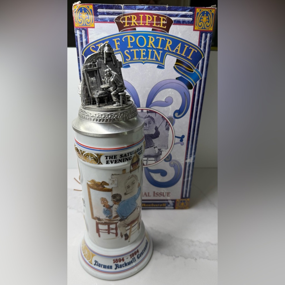 Norman Rockwell Triple Self Portrait Budweiser Beer Stein 13 1/4"Limited Edition